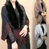 Women Winter Knitted Shawl With Faux Fur Collar Fringe Sweater Ponchos Long Fashion Warm Wraps Elegant Batwing Cardigan Cape Top 240108