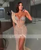 Luxury Champagne Evening Dresses For Black Girls Beaded Sequined Birthday Party Gowns HIgh Slit Long Prom Dresses Robe De Bal