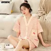 Elizabeth Duck M5xl Women Cottton Pajama Summer Kimono w stylu Kimono Cardigan Sleepwear Korean Pijamas Plus Size Shorts PJS 240108