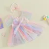 Abiti da ragazza Tutina estiva in pizzo a rete per neonato Abito con fascia per capelli senza maniche in tulle patchwork Set di pagliaccetti