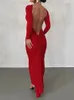 Backless Maxi Dress Elegant Red Long Sleeve Sexig Ruched Bodyocn Evening Party for Women 2023 Spring Slim Christmas Outfits 240109