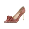 Klänningskor Röd bröllopskvinnor 2024 Crystal Sequin 9cm High Heel Bow pekade stor storlek 32-43 Bankett