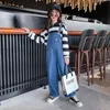 Teenage Girls Loose Denim Jumpsuits Autumn Casual Kids Wide Leg Straight Trouser Student Children Solid Blue Jeans Overalls 240108