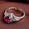 Cluster Anéis Coreano Oval Rosa Vermelho Diamante Imitação Turmalina Conjunto com Zircão Anel Aberto Feminino Vivendo