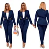 Women's Two Piece Pants Free Pu Leather Sashes Blazer Suit 2 Set 2024 Women Office Commute Buttonless High Elastic Waist Pencil Sets