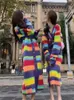 Sonbahar ve Kışın Kadınlar İçin Gökkuşağı Çizgili Örme Elbise Dopamin Uzun Kazak Etek ile Eşleştirilmiş French French Hissed 240109