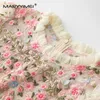 Maryyimeiヴィンテージファッションデザイナードレスレディースメッシュ刺繍半透明のランタンスリーブスリムホワイトロング240108