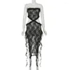 Casual Dresses Sexy Hollow Lace Dress Women Black Solid Color Strapless Tassel Split See Through Slim Coquette Girls Club Party Nightwear