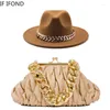Bérets Fedoras et sac, ensemble 2 pièces pour femmes, chaîne dorée, chapeau en cuir, mode luxe, fête de mariage, Jazz Chapeu Feminino