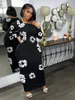 Élégante dame imprimé fleuri longue robe Maxi 2024 printemps femmes à manches longues col rond moulante Sexy Club fête noir robes Femininos