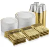 600 Piece Gold Plastic Dinnerware Set Disposable 100 Rim 10 inch and 7 Inch Plates 300 Silverware Cups For Guests 240108