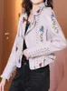 Ftlzz Spring Autumn Women Biker Leather Jacket Floral Print broderi PU Läderjacka Turn-Down Collar Zipper Jacket 240108