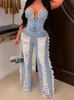 Sibybo Tassel Hollow ut overaller för Women Studded Diamond Strapless Backless Jeans Street Fashion Trend Jumpsuite Femme 240109