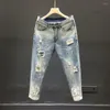 Jeans masculinos buracos homens e mulheres verão 2024 cintura alta cor fina solta reta denim tornozelo comprimento harem calças