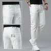 Jeans para hombres Diseñador Hong Kong Tres Defensa Gama alta Blanco Slim Fit Tubo recto Verano Fino Elástico Versátil Casual Pantalones puros HLCX