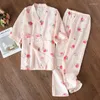 Dames nachtkleding thuis lente zoet schattig Japanse stijl katoenen set 2024 vrouwelijk gaas pyjama met zeven mouwen kleding en twee-p herfst
