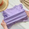 Conjuntos de roupas para meninas verão camiseta de manga curta com shorts de cintura de botão de flor conjunto de duas peças terno de cor doce