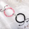 Charm Bracelets 2Pcs Pink Black Natural Stone Beads Set For Lovers Long Distance Heart Magnet Adjustable Couple Jewelry Gift