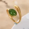 Cluster Rings Natural Hetian Jade Feather Ring Chinese Style Retro Creative Unique Ancient Gold Craft Luxury Women Elegant Silver Jewelry