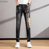 Jeans masculinos Versão coreana Mens Light Luxury Jeans Arranhões Slim Stretch JeansHigh Qualidade Dragão Bordado Jeans Elegante Sexy Jeans; L240109
