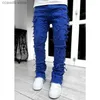 Men's Jeans Men's Skinny Jeans Fringe Hip-hop Raw Edge Elastic Patch Punk Rock Long Tight Fit Stacked Jeans Denim Pants Blue Pink Streetwear T240109