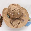 Bérets papier corde Cowboy chapeau creux Vintage perles décoration paille Western parasol casquette plage soleil chapeaux Cowgirl tissé hommes