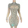 Stage Wear Nude Shining Crystal Rhinestones Long Sleeves Sexy Dress For Women Evening Party Clothing Singer Costumes Birthday