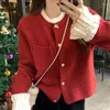 Women's Knits Spring Autumn Ruffle Collar Wool Knitted Sweater Women Pearl Lace Patchwork Knit Cardigan Love Button Pocket Jumper Jacket