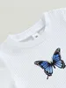 Clothing Sets Toddler Kids Girls Summer 2Pcs Outfits Ribbed Shorts Sleeve Butterfly Print Tee Top PU Leather Zipper Skirt Set (Light Blue