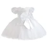 Robes d'été en maille pour filles, vêtements adaptés aux tout-petits, avec grand nœud, robe de bal pour premier anniversaire de bébé, blanche, baptême
