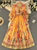 Spring Summer Vintage Stand Collar Long Lantern Sleeve Chiffon Dress Women's Flower Print Belt Loose A Line Maxi Vestidos 240108