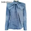 Twotwinstyle Patchwork Bow Denim Women's Jacket Stand Collar Long Sleeve Vintage Ruched Jackets för kvinnliga modekläder 240109