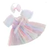 Abiti da ragazza Tutina estiva in pizzo a rete per neonato Abito con fascia per capelli senza maniche in tulle patchwork Set di pagliaccetti