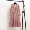 Autumn High Quality Women 2 Piece Set Tweed Short Jacket Coatbeading Vest Dress Elegant Fashion Party Dresses Set 240109