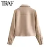 Traf Women Fashion Autumn Winter SingleBreasted Lapel Flip Pocket Woolen Shirt Jacket Short Coat Chic Ladies Tops Mujer 240108