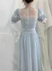 Robes de soirée 2024 Été Élégant Mode Robe en dentelle Casual Mince Bleu Français Fairy Veil Resort Midi Vintage Princesse