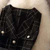 Vintage meados de comprimento 75cm xadrez tweed colete jaqueta feminina 2 peça conjunto elegante pérola botão com cinto sem forro e camisola de malha 240109