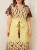 2023 Vrouwen Zomer Lange Jurk V-hals Korte Mouw Bloemenprint Boho Strand Bochtige Vrouw Plus Size Kleding 240109