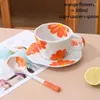 Tassen Handbemalte Blumen-Kaffeetasse mit Teller, Löffel, Frühstück, Haferflocken, Keramik, Milch-Set, Zuhause, Espressotasse, Saft, Teetasse, 300 ml