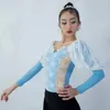 Sahne Giyim Mavi Ballrooom Dance Üstler Kabarcık Uzun Kollu Bodysuit Kadınlar Waltz Latin Kostüm Performans Kıyafetleri Uygulaması BL12237