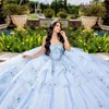 2024スカイブルービーズの腫れぶるボールガウンエレガントプリンセスアップリケレースビーズQuinceanera Dresses Luxury Birthday Party Dresses