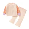 Kleidungssets Kleinkind Baby Mädchen Herbst Winter Kleidung Kontrastfarbe Langarm Tops Schlaghosen Set Lässige Strickwaren 2 Stück Outfits 0-3T