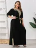 Plus Size Women Muslim Dress Short Sleeves Vintage Rhinestones Embroidered Long Dresses Middle East Arabian Robe Islamic Cloth 240108