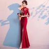 Vestido de casamento chinês vermelho tradicional sereia manga longa feminino cheongsam vestido chinês dourado vestido de festa de noiva qipao