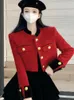 Küçük kokulu ceket şık standı tüvit ceket kadınları kırmızı vintage sonbahar chaquetas mujer jaqueta feminina siyah çizgili hırka 240109