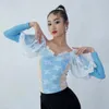 Stage Wear Blu Ballroom Dance Top Bubble Maniche lunghe Body Donna Valzer Costume latino Abiti da spettacolo Pratica BL12237