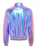 Chaquetas de mujer 2024 para mujer holográfica metálica brillante chaqueta de bombardero casual manga larga cremallera frontal banda rayada ropa exterior abrigo de béisbol