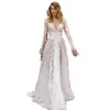 Dentelle de luxe une ligne robes de mariée 2024 fleurs manches longues paillettes appliques perlées volants scintillants robes de mariée formelles manches longues grande taille robe de novia