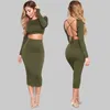 İş elbiseleri skmy kadın giyim bandaj dantel up sırtsız uzun kollu mahsul üst bodycon midi etekler iki parça set kıyafetler düz renk