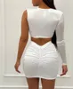 Malha retalhos sheer sexy clube outfits para mulheres vestido ternos um ombro colheita superior e bandagem mini saia define 2 peça conjunto festa 240109